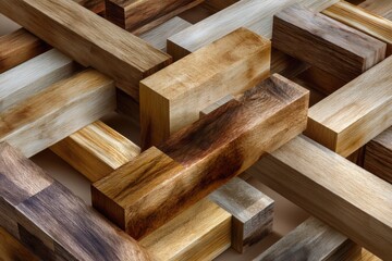 Interlocking Wood Blocks: An abstract composition featuring numerous rectangular wooden blocks intricately interwoven, showcasing diverse wood grains and tones.