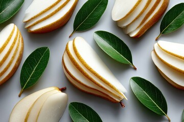 Freshly sliced pears arranged beautifully with vibrant green leaves on a neutral background for a healthy snack