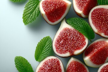 Fresh figs and mint leaves arranged on a light background create a vibrant and appetizing display for culinary enthusiasts