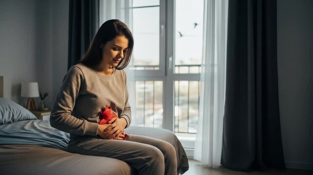 Woman with PMS using heating pad on bed