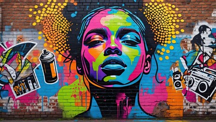 Street art pop art piece with stencil faces, graffiti splashes, halftone dots, and bold outlines layered over a grungy, textured wall background.