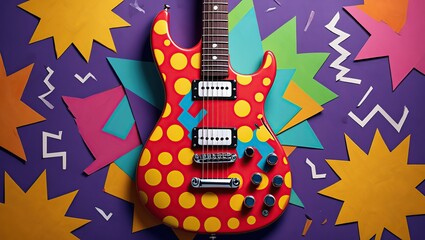 Pop art electric guitar with bold outlines, vibrant colors, halftone dots, and comic-style stars and zigzags in a retro abstract background.