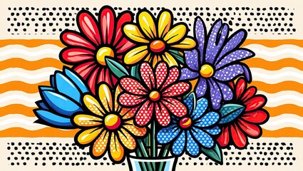Bright bouquet with thick black outlines, halftone textures, and vibrant colors against a dotted and striped vintage pop art background.