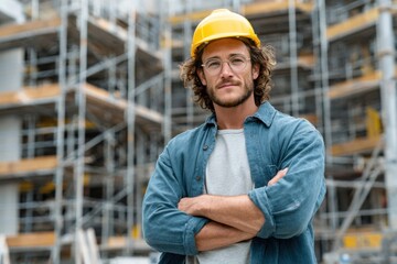 Construction worker at a building site during daylight wearing a yellow hard hat and safety glasses with arms crossed confidently