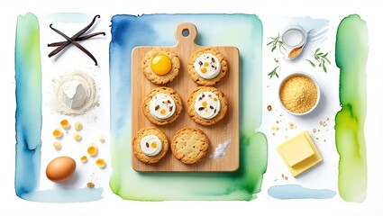 Recipe photo framed by soft watercolor borders and hand-painted ingredient illustrations with delicate brush textures and subtle color gradations.