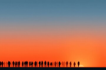 Crowd silhouettes admiring vibrant sunset over horizon during evening hours on a clear sky