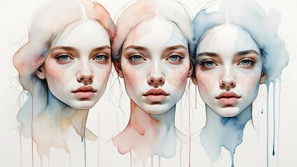 Minimalist portraits with soft watercolor washes, delicate paint drips, and transparent color layers that highlight facial features with emotional artistry.