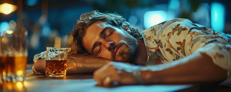 Drunk man falling asleep at the table with a whiskey glass, depicting the effects of excessive drinking and its impact on the individuals health, Generative AI
