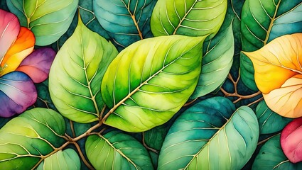 Close-up of leaves and flowers in rich watercolor tones with fine details, subtle color bleeds, and layered brush textures resembling hand-painted botanical art.