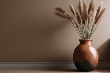 Nature's Elegance: A rustic earthen vase cradles delicate, dried reeds, their soft, feathery plumes casting gentle shadows. The backdrop exudes warmth.