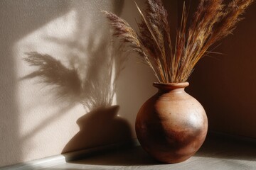 Vase of dried plant in sunlight: A rustic earthenware vase cradles a bundle of dried plants, casting intricate shadows in the warm sunlight, celebrating the simple elegance of natural textures.