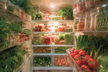 Vibrant assortment of fresh vegetables and herbs neatly organized in a refrigerator for healthy meal preparation