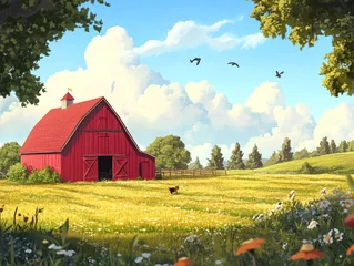 Gordijnen A cute cartoon farm scene with a barn in a summer field.  © Elkhan Babayev