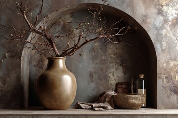 Elegant Vase Composition: An eye-level studio shot showcases a large ceramic vase adorned with delicate branches, artfully arranged within an arched alcove, emanating a minimalist style.