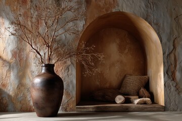 Rustic Sanctuary: A serene interior with a ceramic vase holding dried branches, and a cozy alcove, evokes a sense of rustic elegance and timeless design.