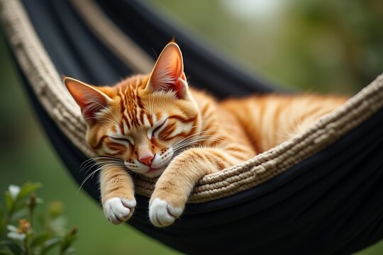 Orange tabby cat sleeping in hammock cute pet feline relaxing outdoors domestic animal nap time adorable kitty 