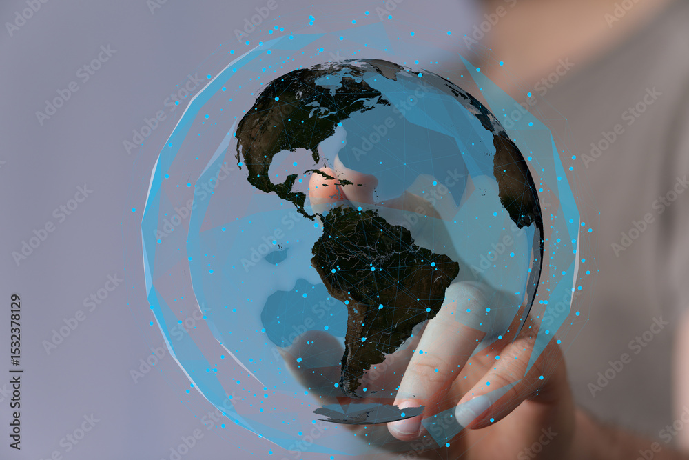 Poster person's finger touching a digital earth globe, symbolizing global connectivity and networking.