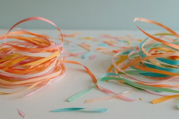 Colorful paper streamers scattered around in vibrant pastel shades during a festive celebration in a bright, cheerful setting