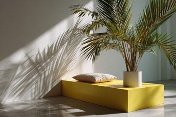 Bright Corner: A vibrant scene of modern elegance unfolds with a potted plant in a geometric yellow block casting shadows on a sunlit interior.