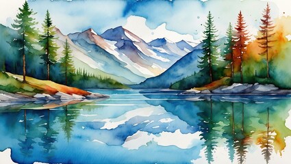 Serene mountain landscape with vibrant watercolor gradients, flowing brush strokes, and natural color bleeds blending sky, trees, and water in soft layered textures.