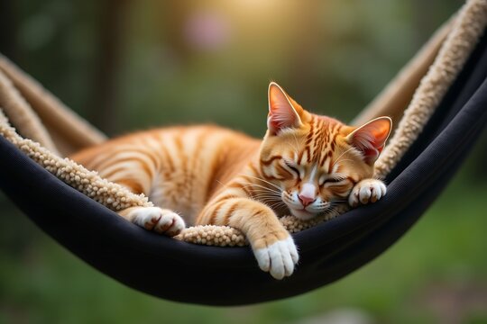 Adorable orange tabby cat sleeping comfortably in a hammock enjoying a peaceful nap outdoors so comfy 