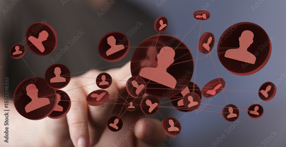 Poster image of a hand interacting with a network of digital profiles, illustrating global connections and 