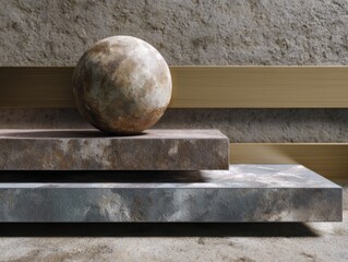 Stone Sphere on Stacked Slabs: A weathered stone sphere rests serenely atop a stack of subtly textured stone slabs.