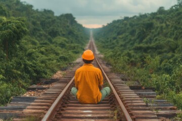 Worker meditating on railway tracks surrounded by lush greenery during cloudy weather