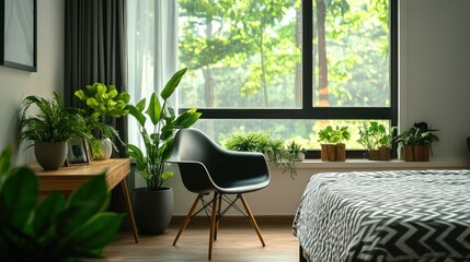 Obraz premium An interior shot showcases a cozy bedroom decorated with greenery