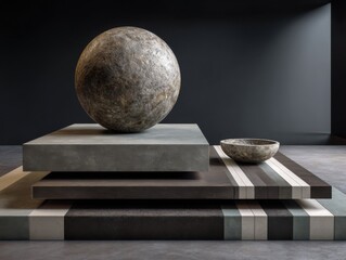 Stone sphere on levels: A large, textured stone sphere rests atop a series of layered platforms and a small bowl, set against a sleek, minimalist backdrop, creating an abstract.