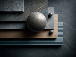 Stone Sphere and Layered Materials: A dark grey sphere rests on a layered arrangement of slate, wood, and metal, creating a visually striking composition. The image evokes a sense of texture, balance.