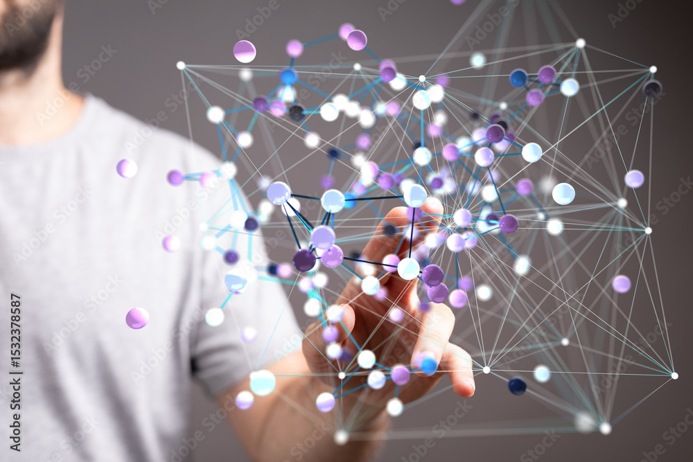 Fototapete Abstract image of a person interacting with a digital network visualization, representing connectivity and data flow.