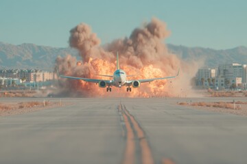 Aircraft experiences explosion during takeoff on runway with mountains in the background creating a dramatic scene