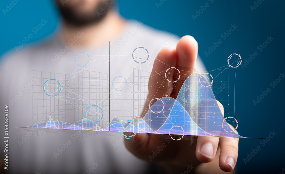 Poster Businessman interacts with a digital graph showing data analysis and visualization.