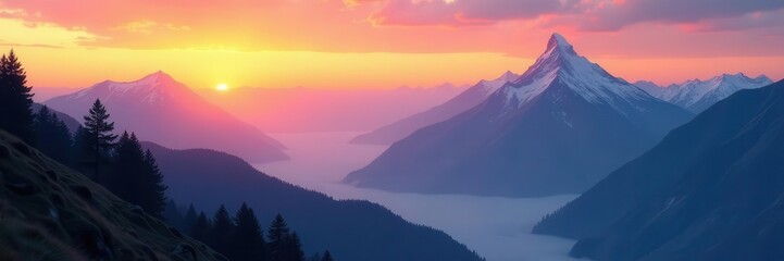 Obraz premium Majestic mountain range at sunrise, misty peaks , summit, cliffs