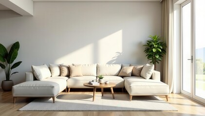 Neutral palette living room, clean lines, natural light, wall, less is more, furniture