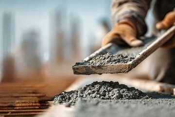 Construction worker wearing gloves is pouring cement mix from a wooden hawk at a building site, preparing the area for an upcoming concrete pour for a new structure
