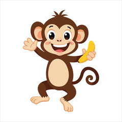 Happy Cartoon Monkey Holding Banana,Cute Monkey Vector Illustration,Funny Monkey Character for Kids,Cartoon Monkey with Banana Vector,Playful Monkey Mascot Design,Smiling Monkey Clipart for Children
