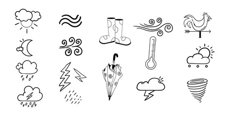 Rain doddle set, umbrella and rain icon,wind,Hand  drawn, background design for rain theme, imperfect human raw effect design. 