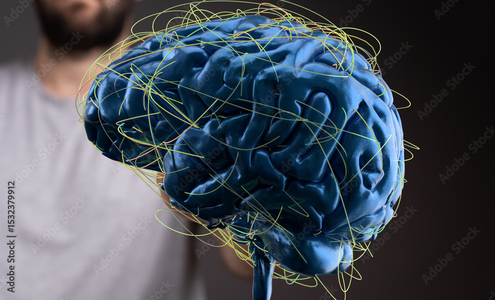 Poster 3d rendering of human brain with neural network connections. perfect for science, technology, or med