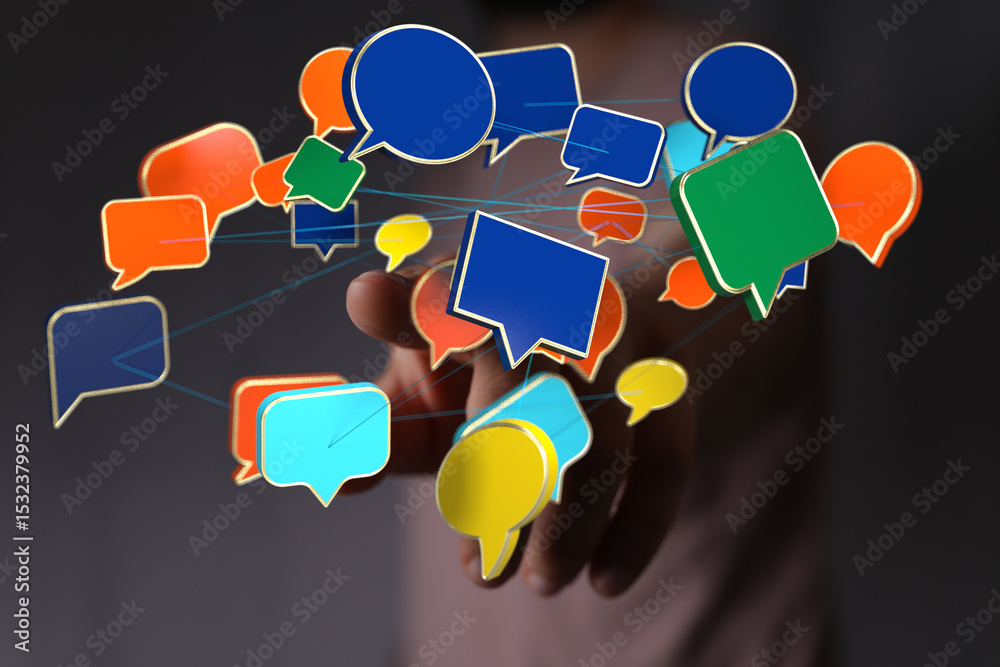 Poster Abstract image of colorful speech bubbles connected, symbolizing communication and networking.