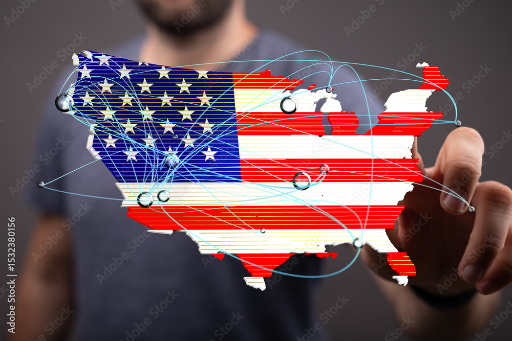 Aufkleber High-quality image of a digital map of the USA, highlighting network connections and infrastructure.