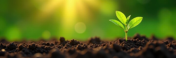 Tiny coffee seedlings emerge from rich soil, vibrant green leaves bathed in sunlight , sprout, organic