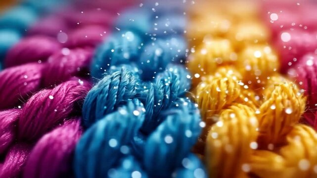 Macro shot of knitted pattern in blue, yellow, pink with sparkling bokeh lights creating an abstract, colorful, and cozy texture background.