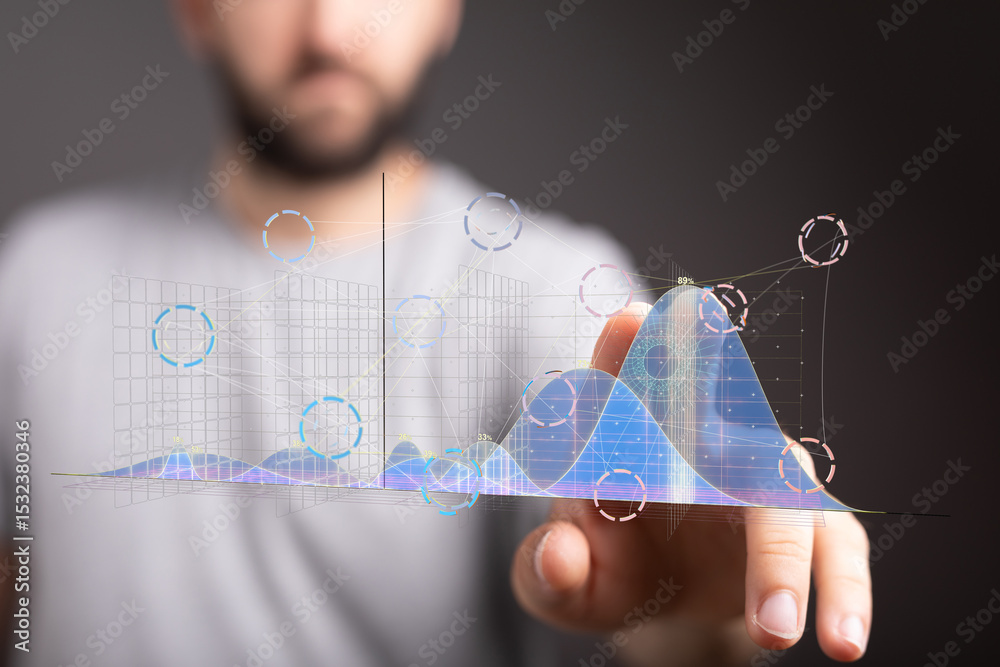 Poster stock photo of a person interacting with a holographic graph display. perfect for data analysis, tec