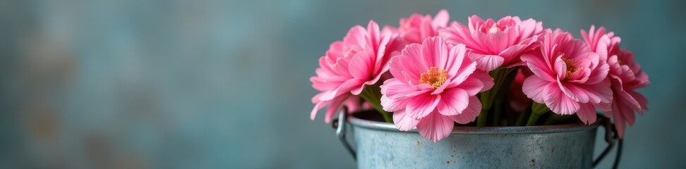 Vibrant pink carnations overflowing from a galvanized zinc bucket Happy Mother's Day message implied , mothers day, detail
