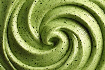 Close-up view of matcha green tea cream swirling into a rich, viscous texture, forming captivating concentric circles and creating an enchanting abstract pattern