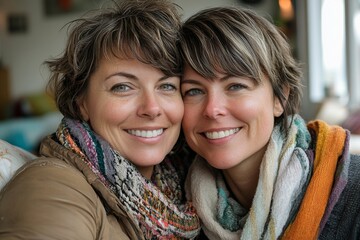 Two happy women, a lesbian couple, living together, sharing a joyful moment and enjoying each others company, Generative AI