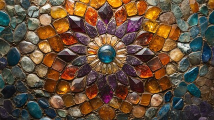 A vibrant mosaic of colorful stones forms a captivating, symmetrical floral pattern.