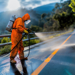 Worker in orange hazmat suit spraying disinfectant on road, safety gear, outdoor sanitation, morning light